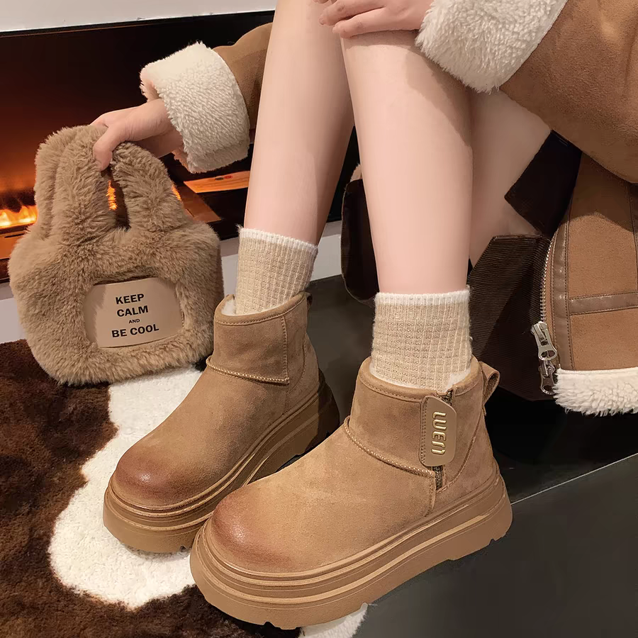 「年终清仓」AB569N-1冬季厚底加绒雪地靴女百搭休闲增高毛靴面包鞋