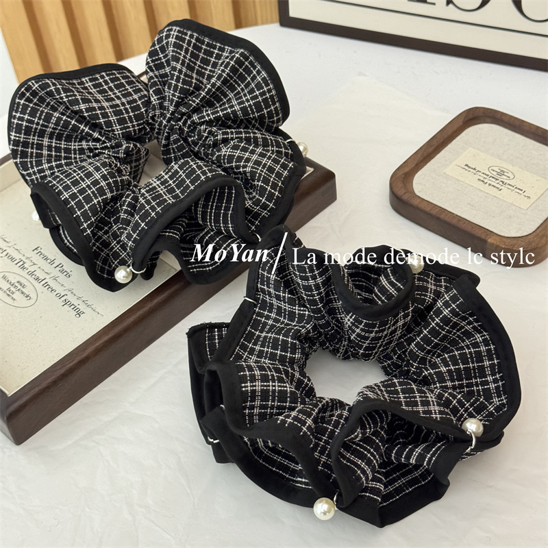 黑白布艺大肠发圈气质褶皱丸子头花苞发绳珍珠头花秋冬发圈洋气