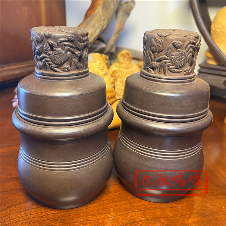 津门名家黑虫叫罐红泥手工雕刻高蒙芯油葫芦黑白虫叫罐油葫芦罐