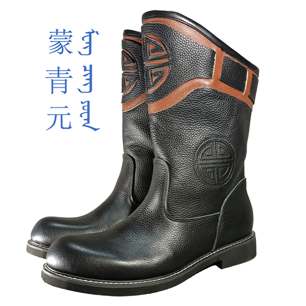 蒙青元偏大一码男士民族风圆头春秋季牛皮压花耐磨透气舒适单马靴