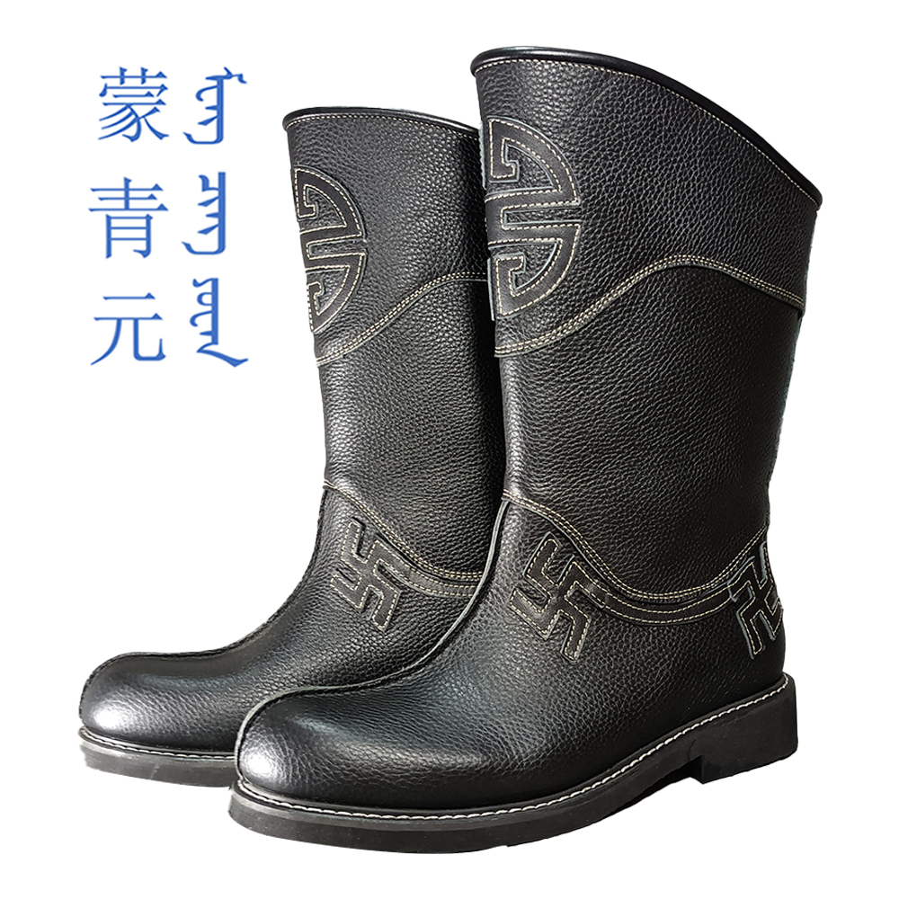 蒙青元情侣民族特色纯牛皮中筒圆头舒适型耐磨防滑春秋季套筒马靴