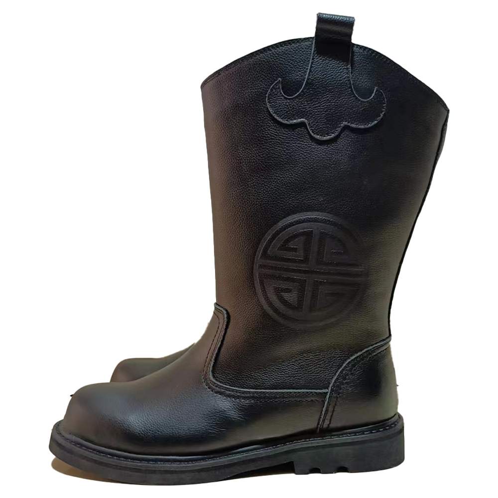 男士二棉民族风压花纯牛皮中筒圆头黑色套脚休闲舒适耐磨保暖马靴