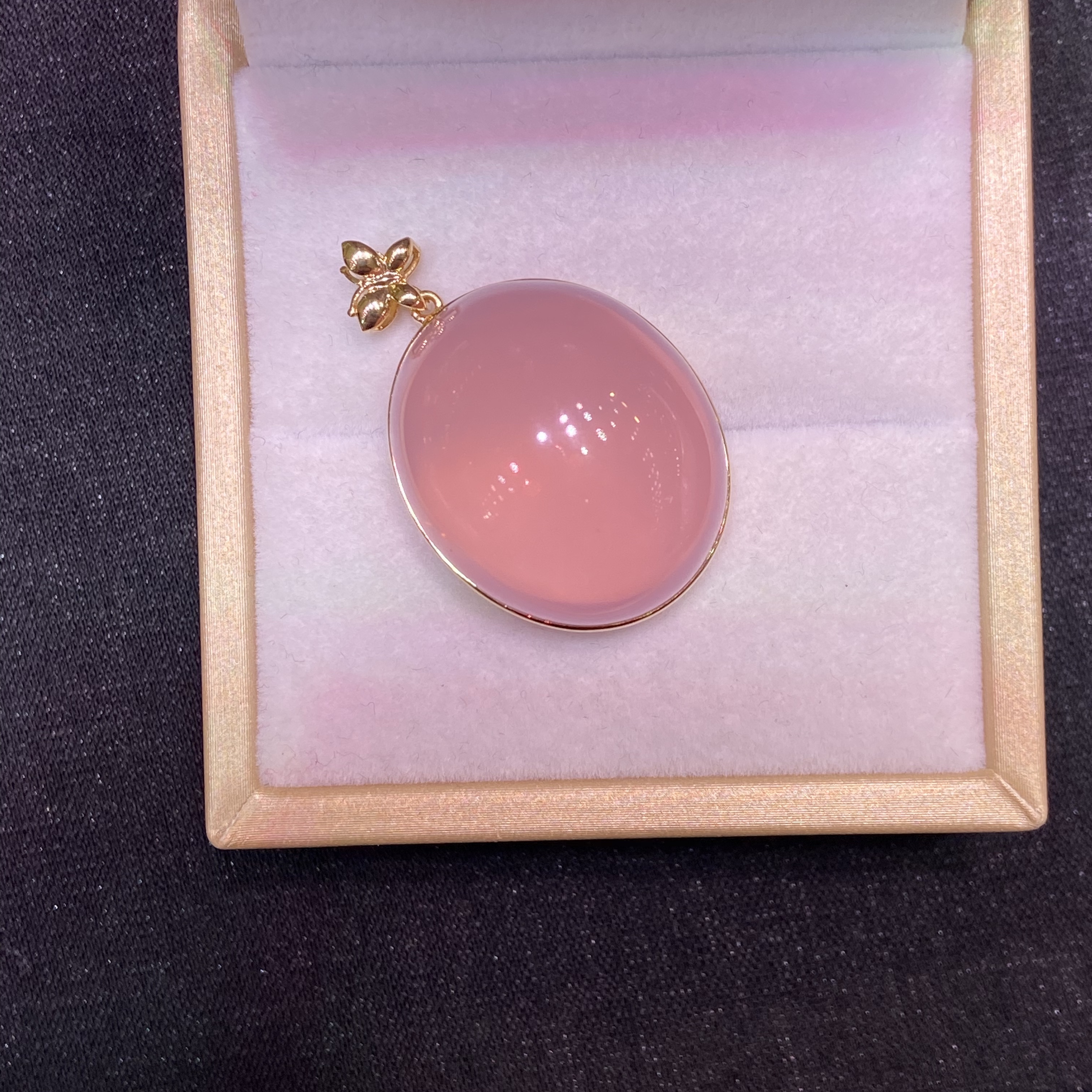 天然粉水晶蛋面吊坠18k金定制镶嵌芙蓉石女生坠子