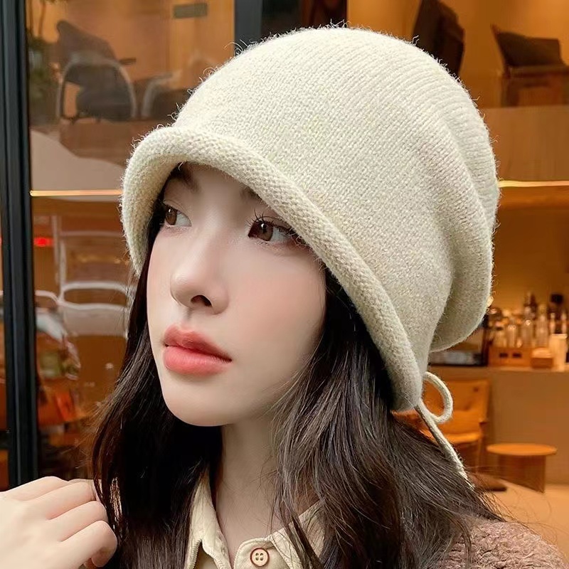 毛线堆堆帽帽子女秋冬韩版百搭保暖卷边针织帽抽绳大头围帽潮