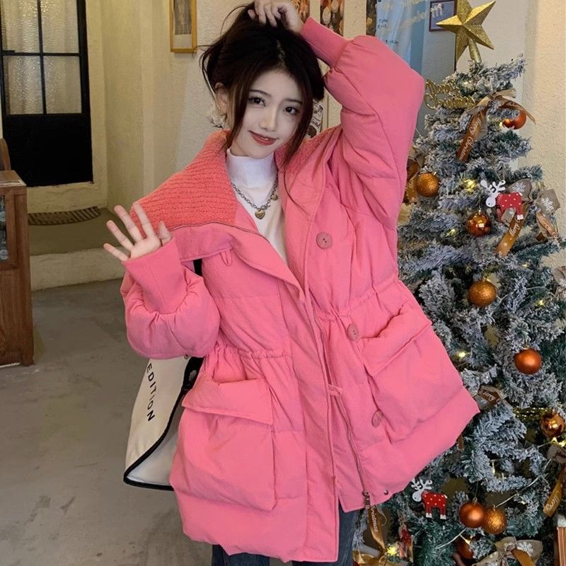 品牌断码多巴胺玫红色中长款羽绒棉衣羽绒服秋冬2023新款韩版加厚