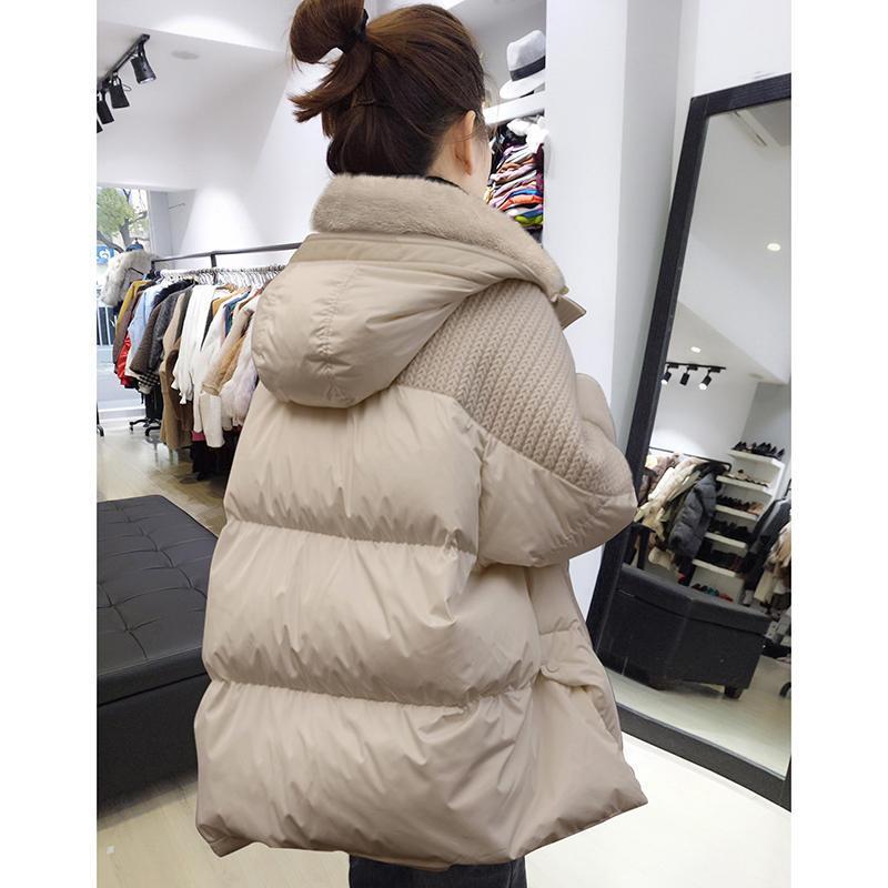 品牌断码欧货杏色毛领羽绒服女冬季宽松中长款棉袄外套2023新款欧