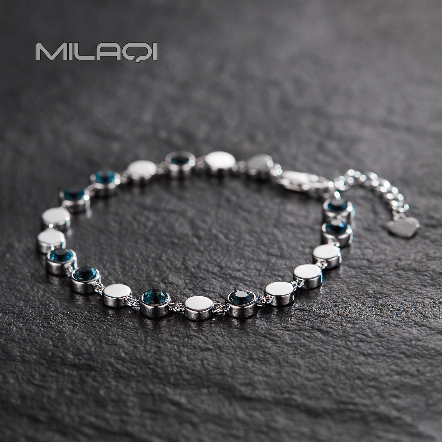 米拉奇 天然托帕石时尚小众手链925银伦敦蓝气质银色手链 S354