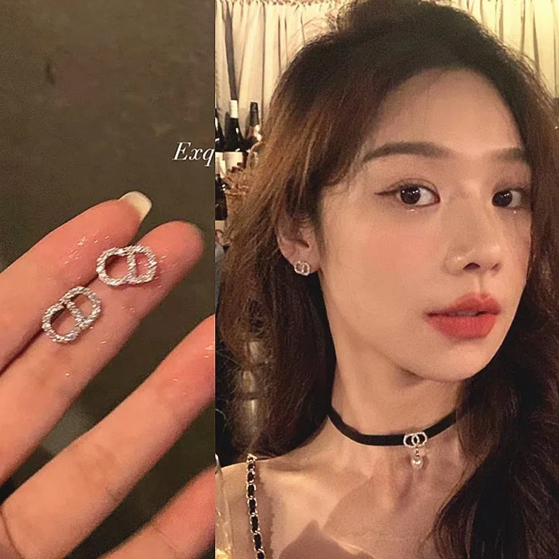 韩版锆石字母CD耳环女小众设计感高级轻奢气质网红耳钉耳饰百搭女