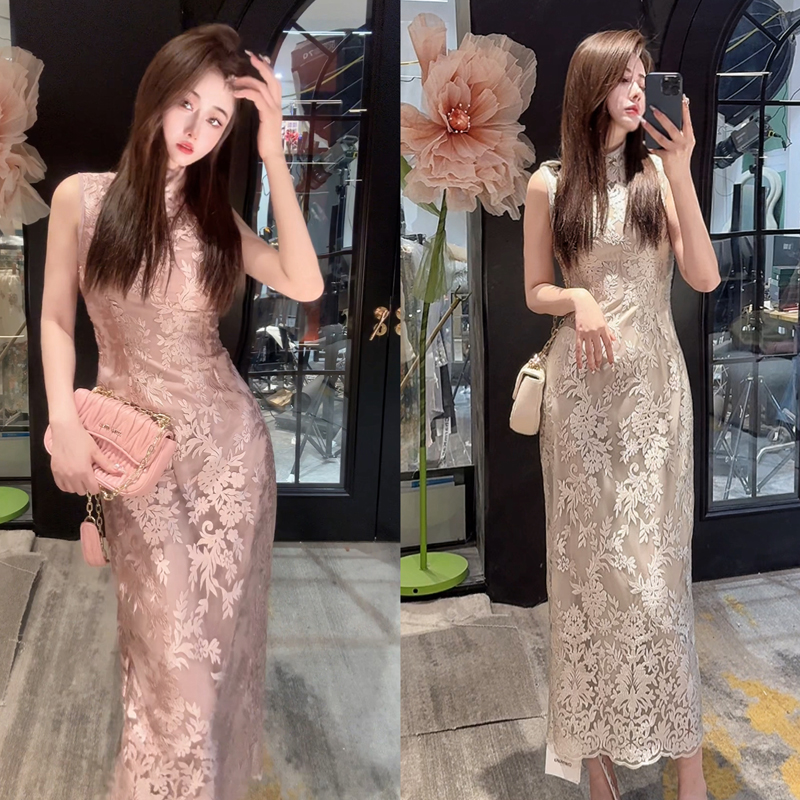 【古典美人】90334刺绣网纱双层无袖旗袍连衣裙