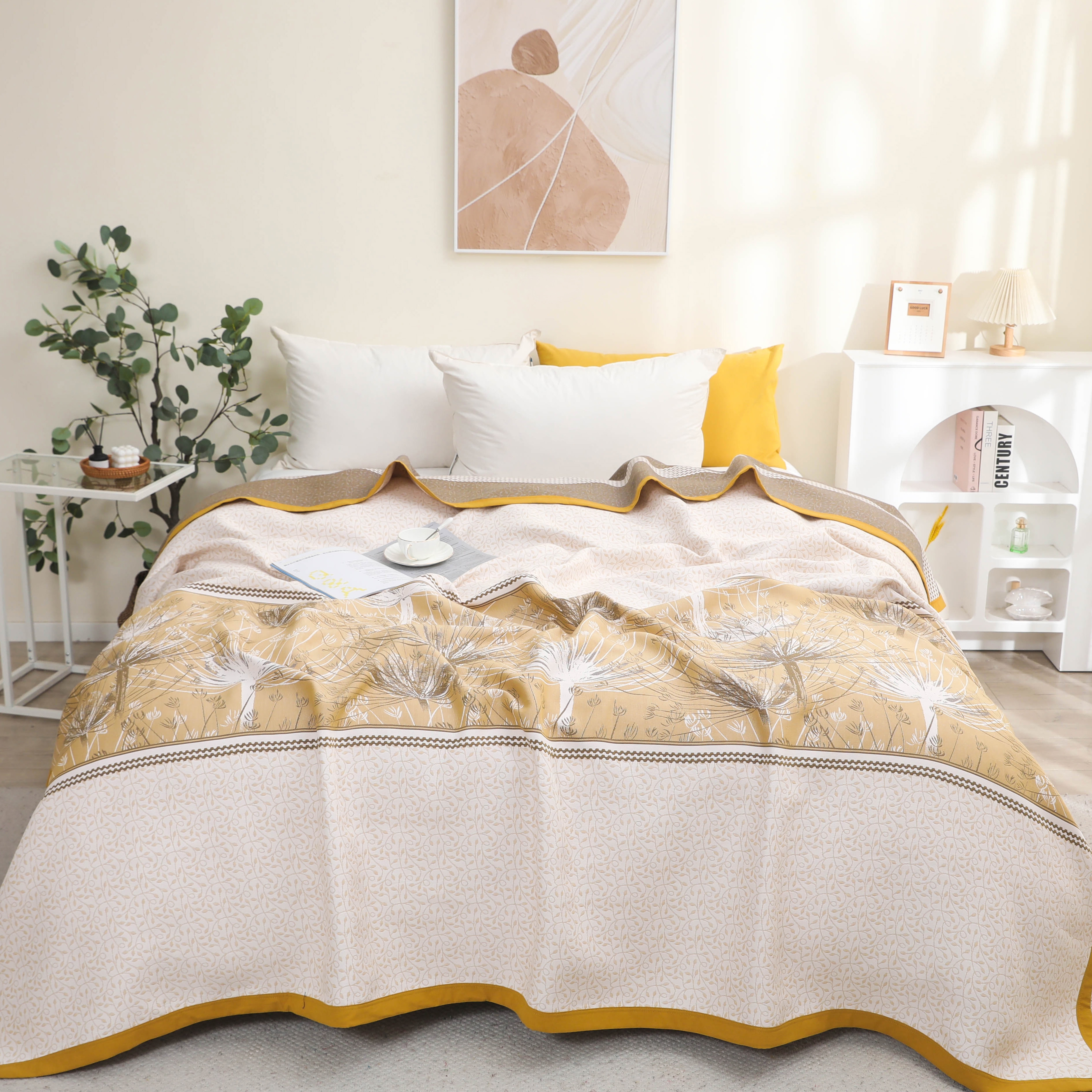 【Y床盖-加大秋香-黄】230*250cm可铺可盖多层纱布亲肤通用高端床盖