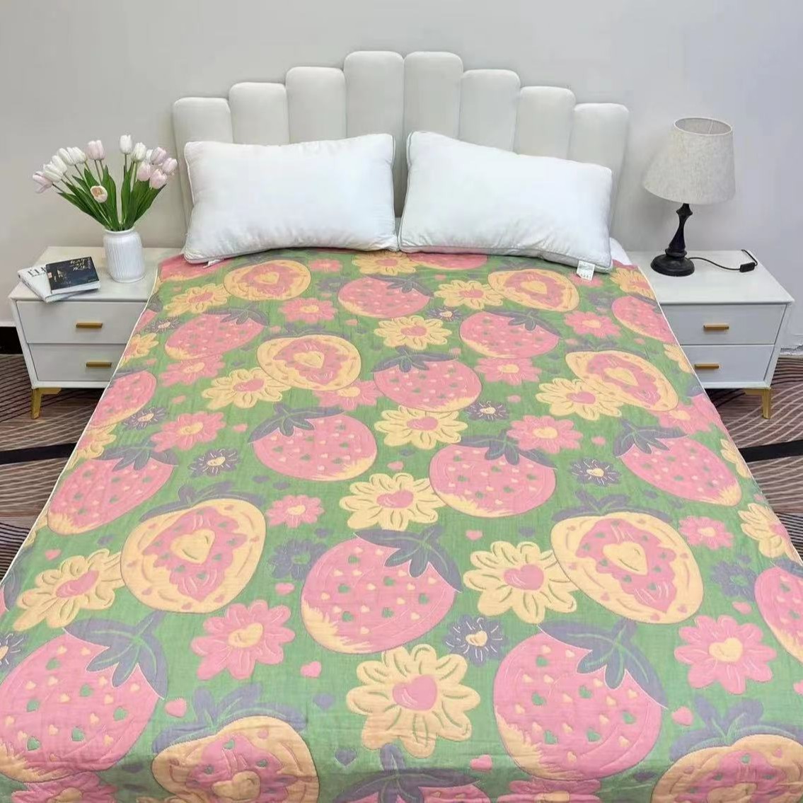 【Y草莓花-绿】150*200cm多层纱布加厚盖毯双面床盖柔软亲肤