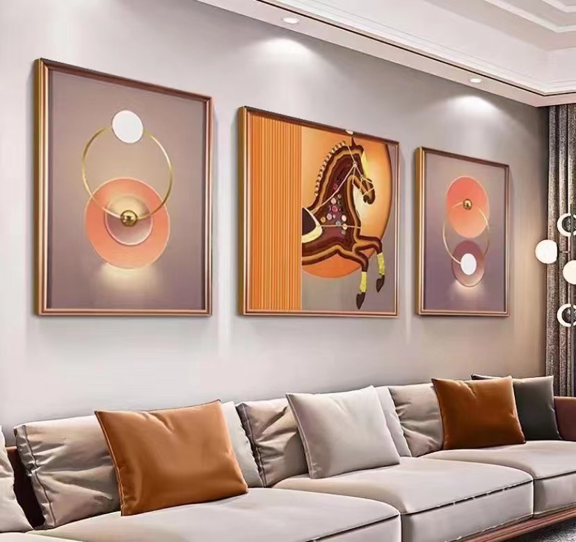 『马到功成』立体实物沙发背景三联画精致暖色寓意适合