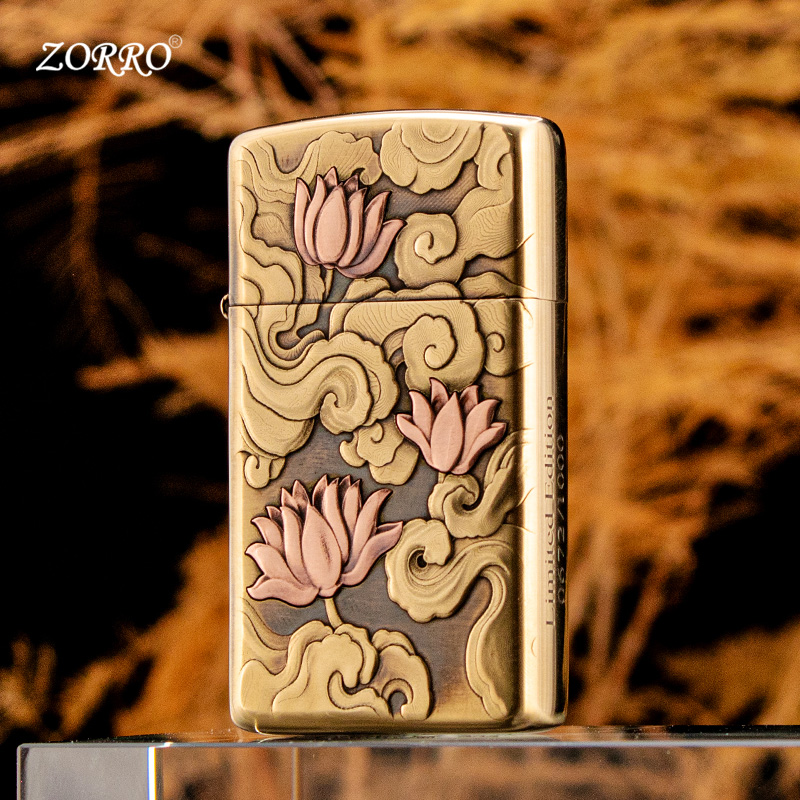 佐罗909纤巧窄机巴雷特立体浮雕步步生莲打火机紫铜镶嵌高档礼品