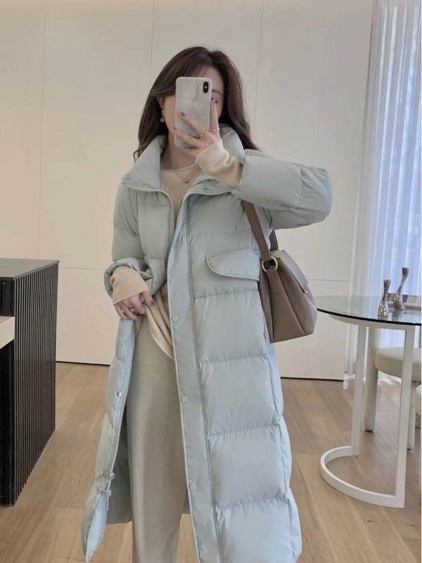 鸭鸭奶呼呼蓝色反季羽绒服冬季女中长款过膝2023新款韩版时尚立领