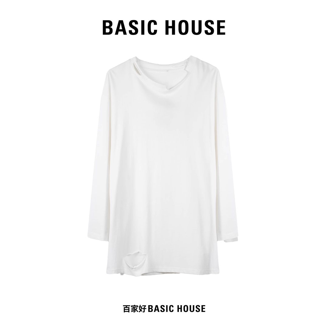 Basic House/百家好YC2023年秋季新款长袖破洞百搭休闲纯棉T恤女