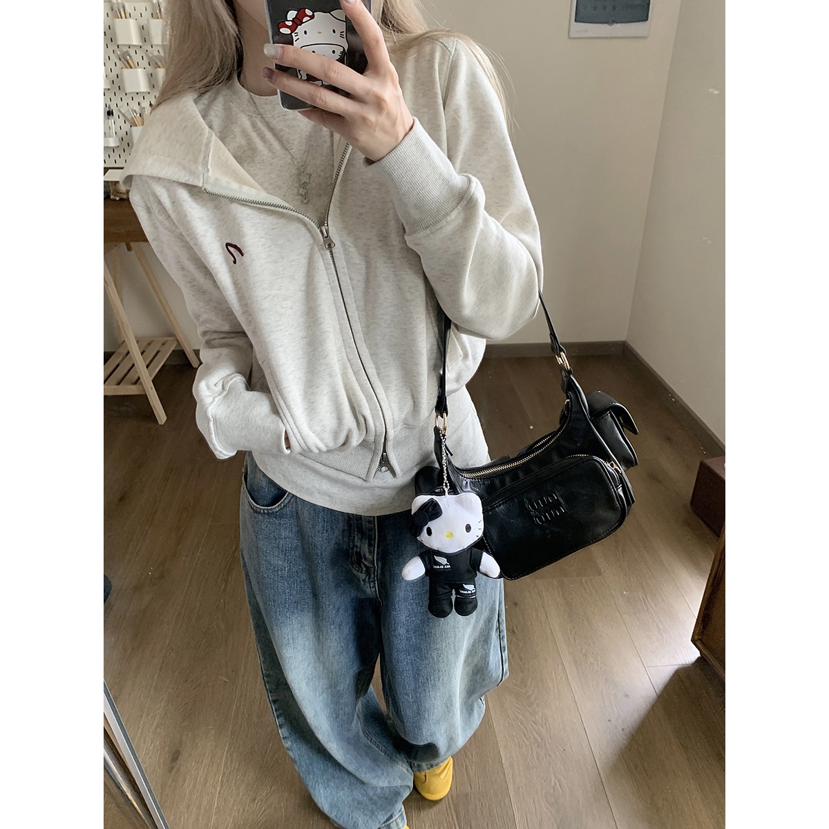 双拉链卫衣开衫女连帽长袖外套早秋美式短款宽松显瘦灰色chic上衣