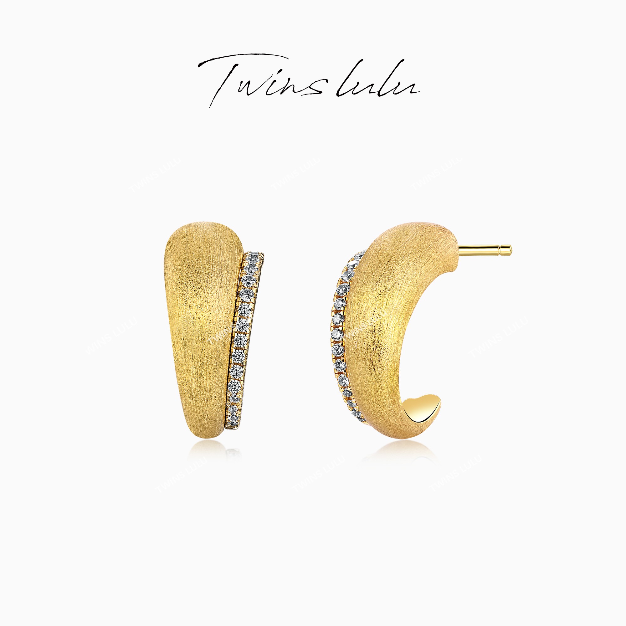 铜合金合成锆石耳饰 TWINS LULU 镀k金复古拉丝半弧面耳环TSL1731