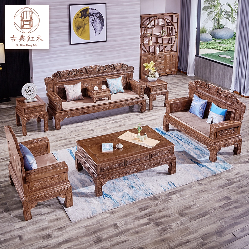 红木家具中式实木茶几整装大户型别墅十一件套鸡翅木客厅沙发复古