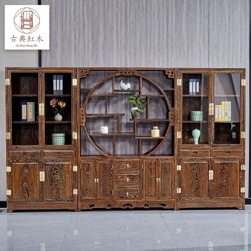 国标红木书柜组合实木博古书架中式办公书橱玻璃防尘鸡翅木展示柜