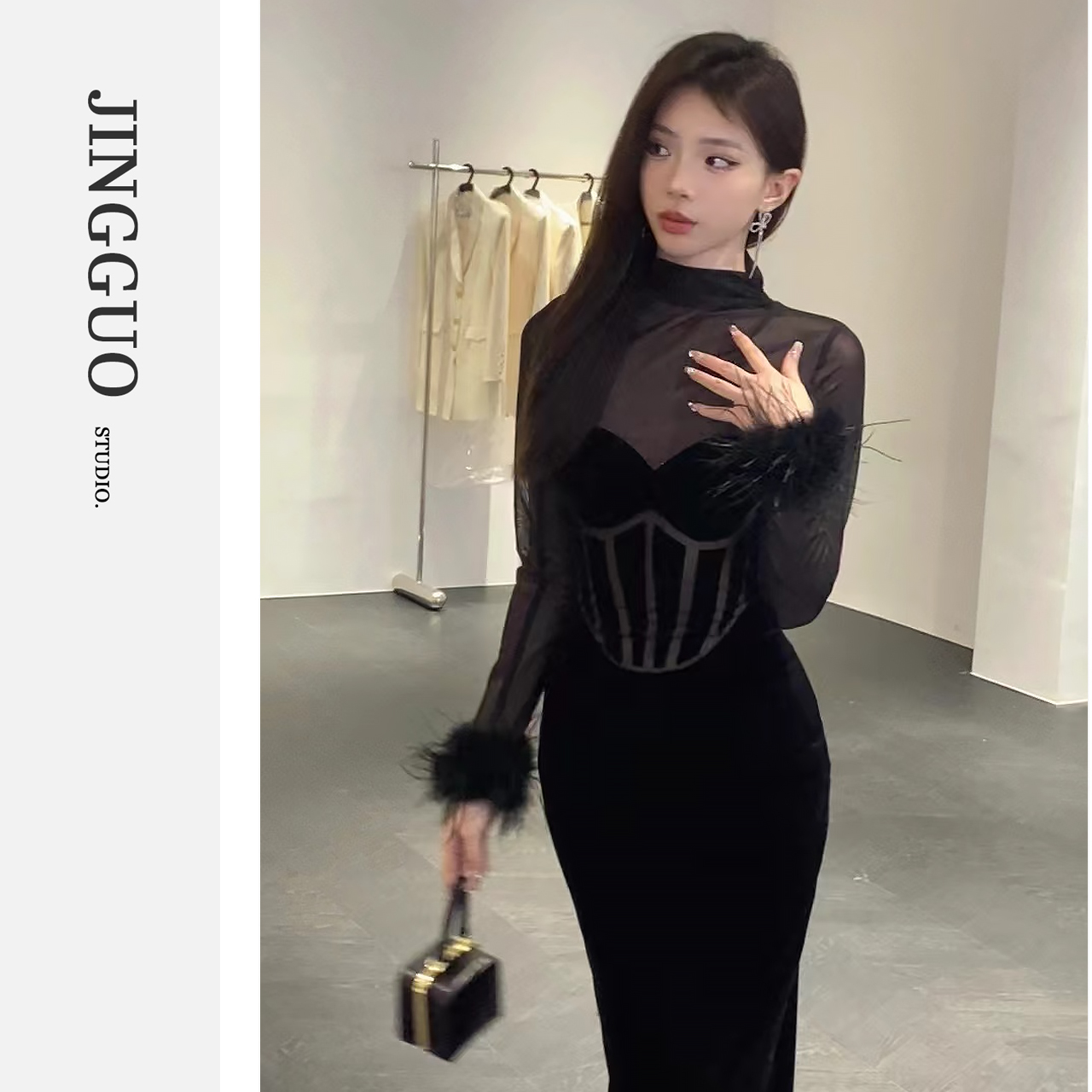 欧美风性感网纱拼接透视黑色包臀裙春款高级宴会丝绒礼服7007