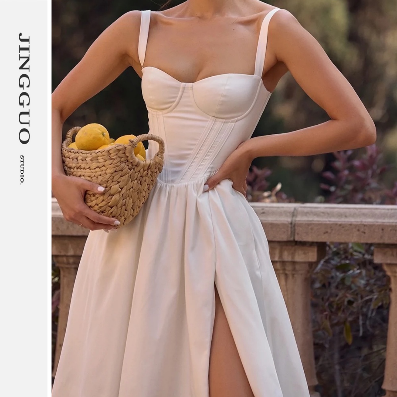 【JINGGUO轻奢】法式复古优雅白色气质显瘦收腰性感露背连衣裙7100