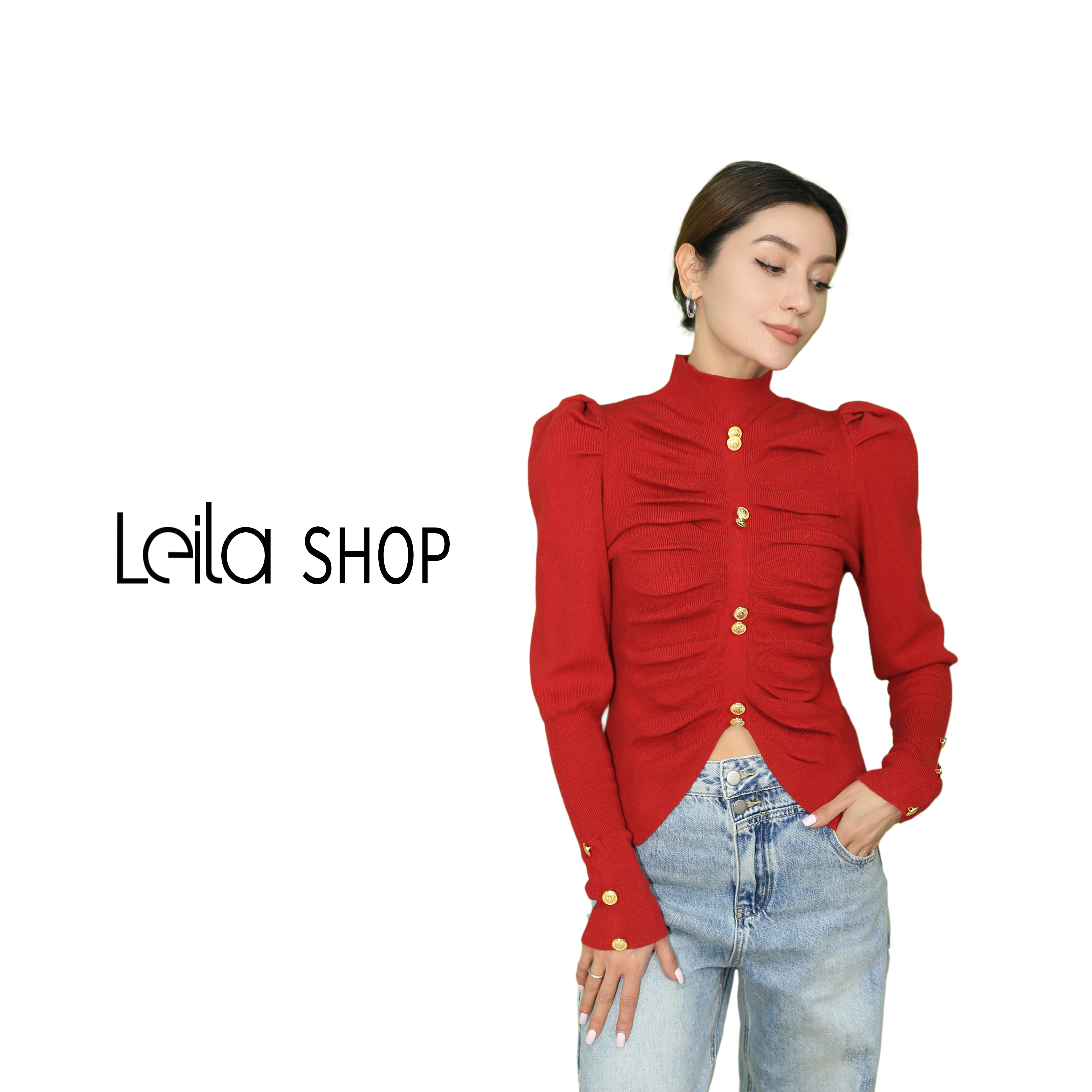 女装上衣长袖针织时尚红色修身气质网红短款打底（mdn-028）