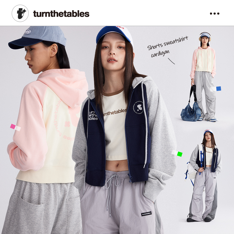 turnthetables短款四叶草字母插肩连帽卫衣女秋冬开衫外套潮