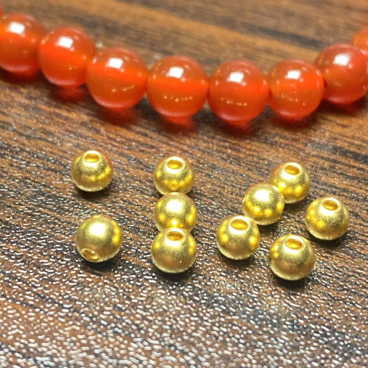 【玖钰黄金】足金999古法卡4金珠10颗搭配好 玛  瑙手串/A004-10