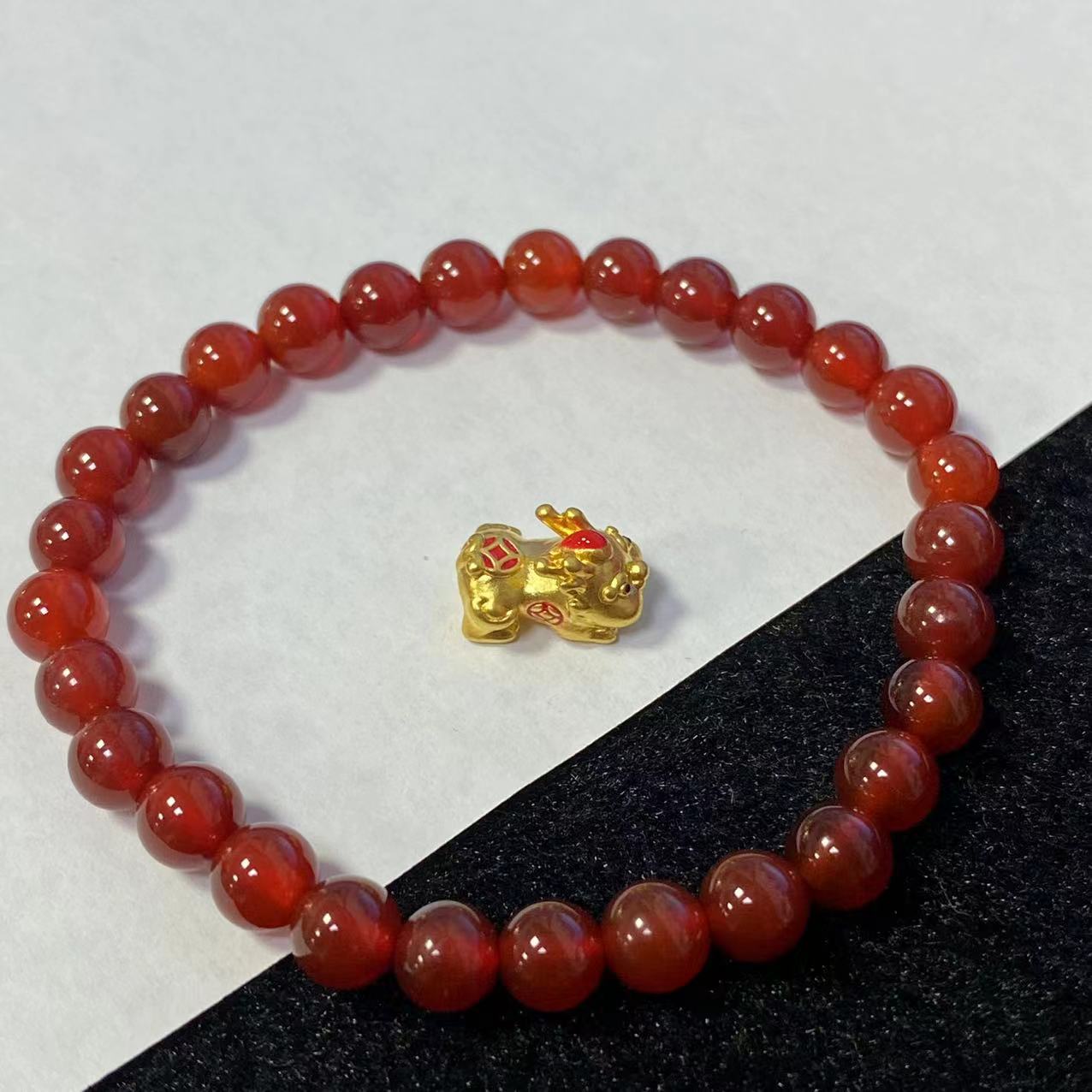 足金 烧蓝鸿运当头Q币大貔貅宝宝搭 玛 瑙手串@@A243