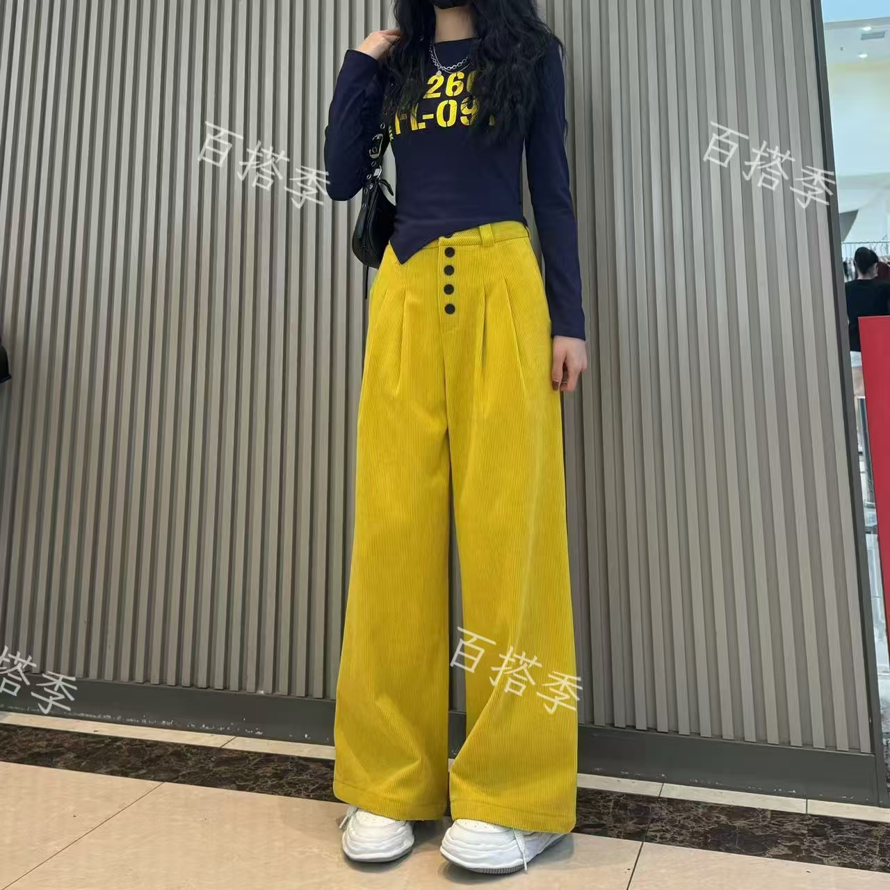 （工厂家）-美式灯芯绒长裤女高腰显瘦直筒休闲阔腿裤拖地运动