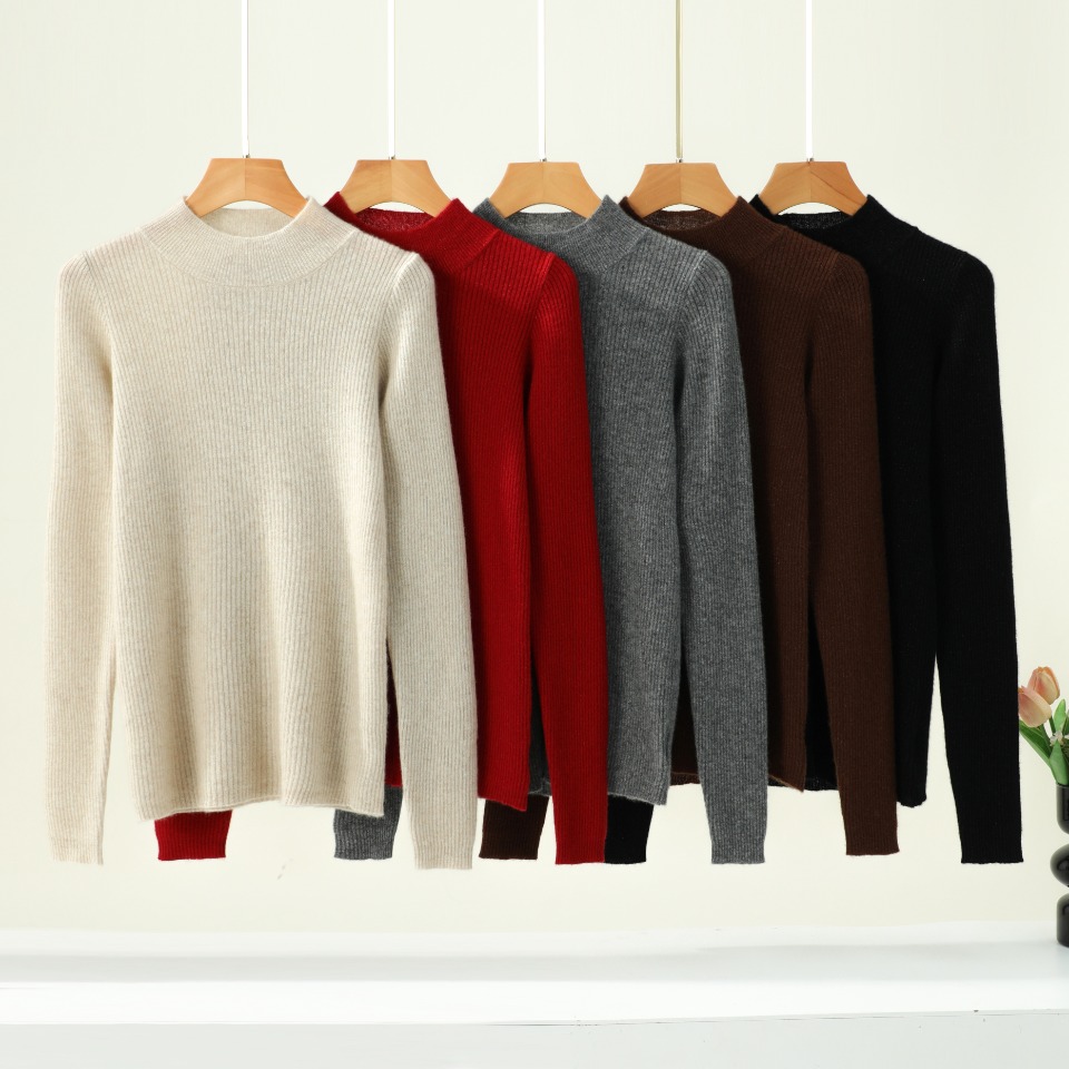 48支精纺金银丝抽条半高领100%纯山羊绒打底毛衣针织修身女孩