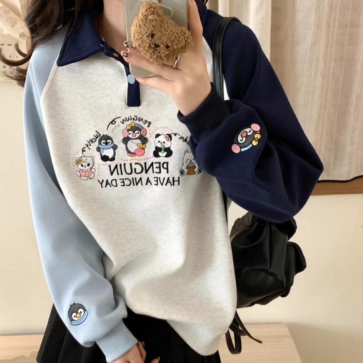 25秋季新款企鹅熊猫重工刺绣翻领插肩撞色卫衣韩版宽松百搭显瘦