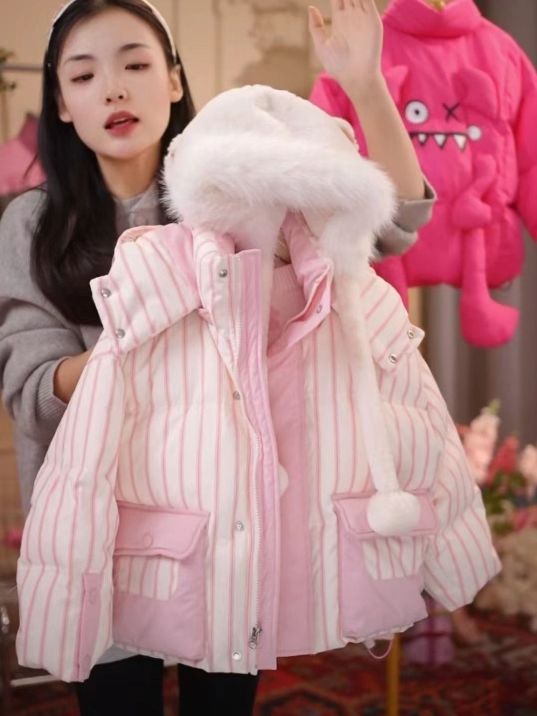 【巴拉甄选】女童棉服2023冬季新款女宝宝公主风条纹加厚棉袄韩版