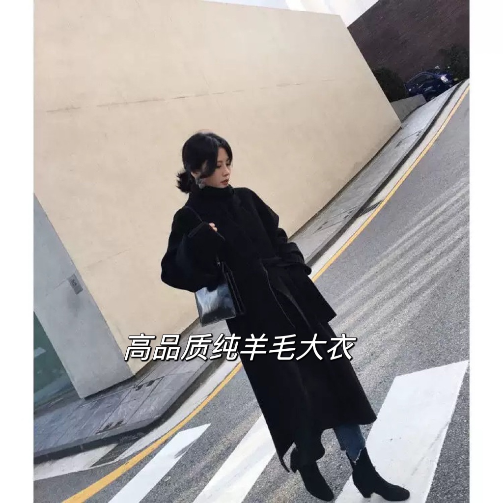 黑色双面手缝羊毛大衣女长款2025冬季新款开叉过膝宽松羊绒外套女