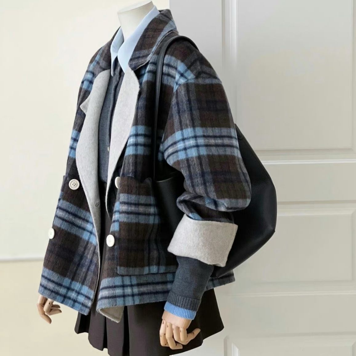 2025新款高端韩版双排扣格子双面羊驼毛大衣小个子时尚小众外套
