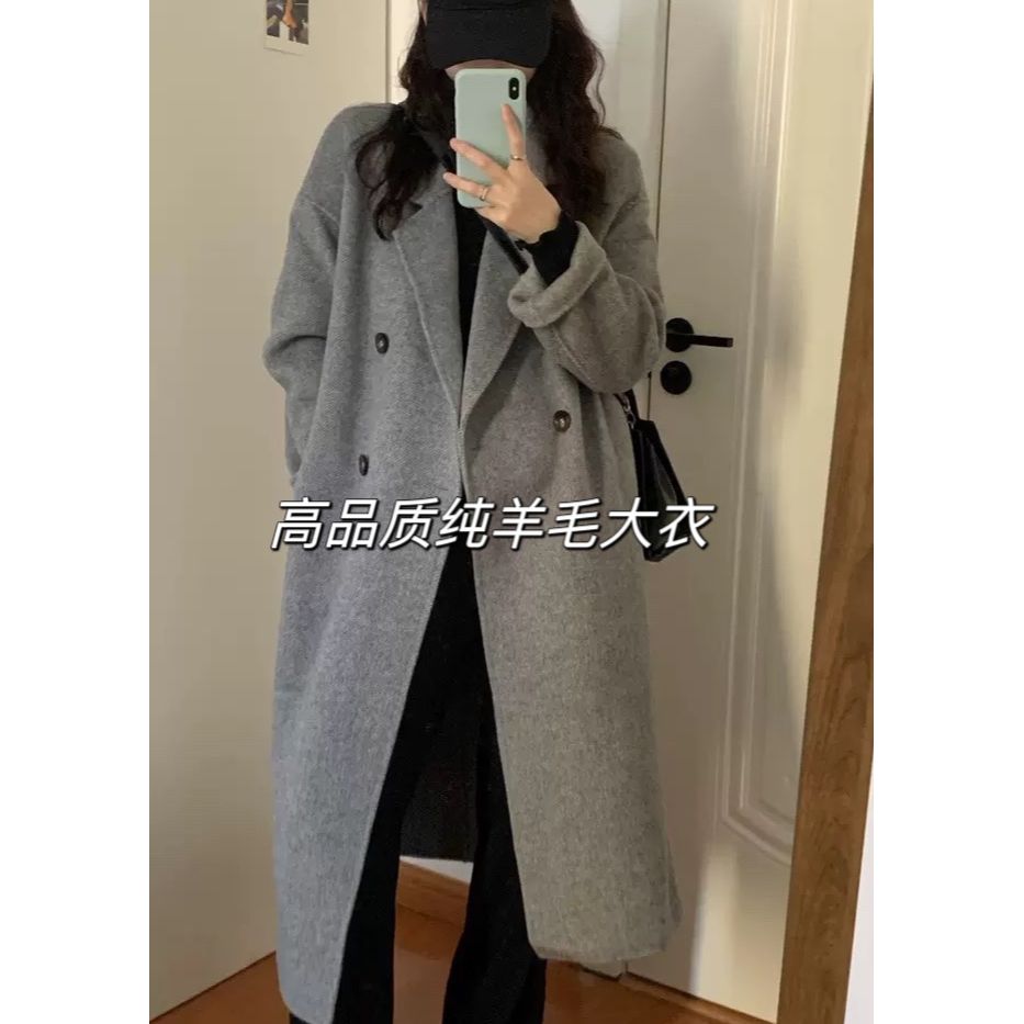 2024秋冬大也池灰色中长款慵懒时尚双面羊绒大衣女手工羊毛外套