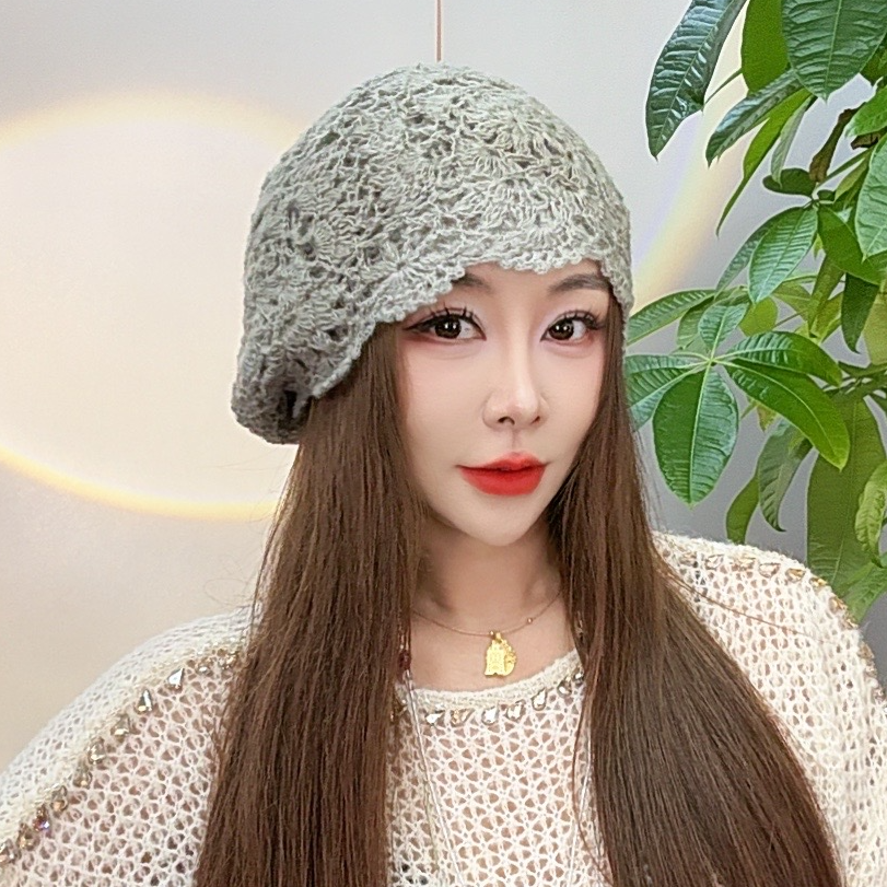 秋冬季手工钩花帽雪绒花网红针织帽子保暖包头帽时尚百搭毛线帽女