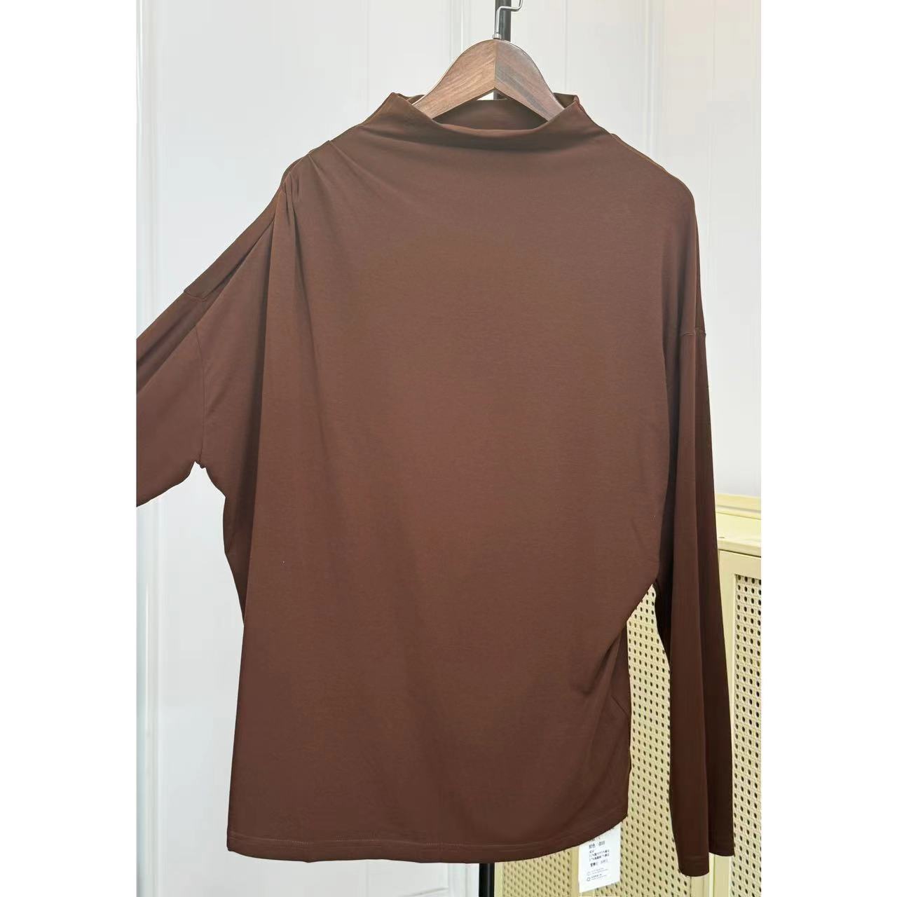 22061-2#大码<蚕丝皇后>褶皱半领长袖上衣