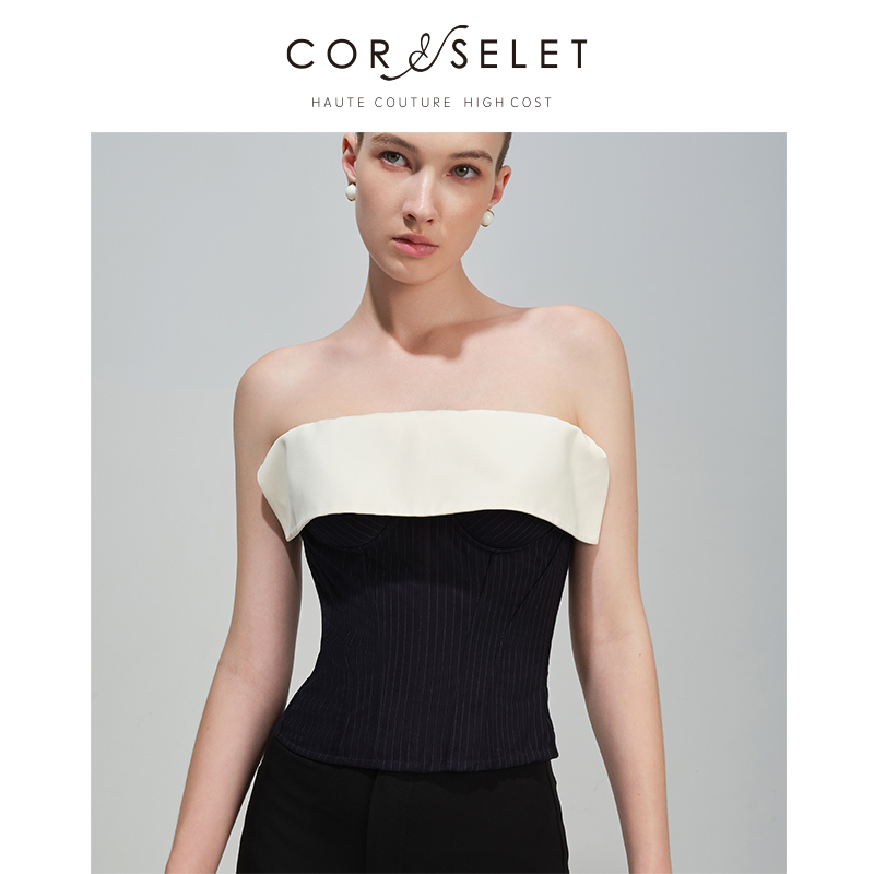 CORSELET一字荷叶边翻领竖条纹抹胸鱼骨胸衣