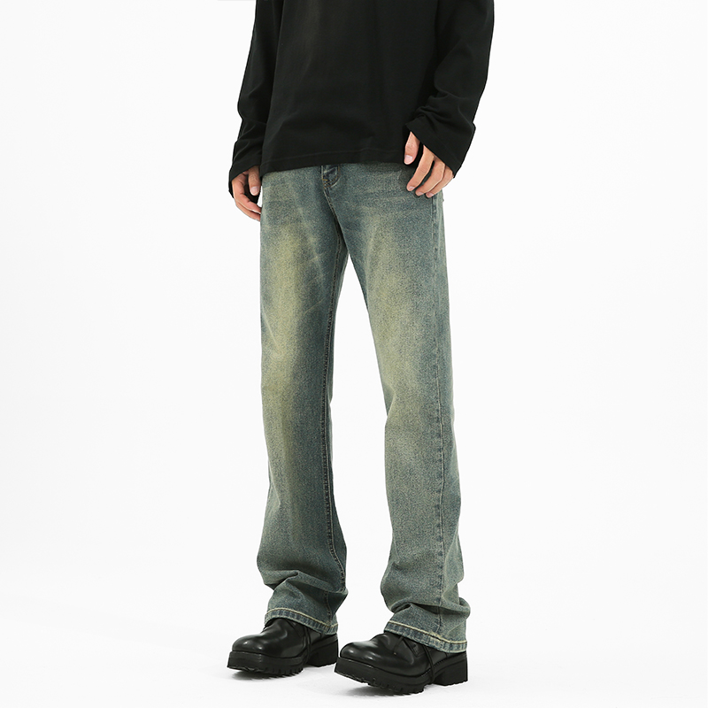 美式高街裤子vibe复古水洗微喇牛仔裤男款秋季修身百搭显瘦直筒裤