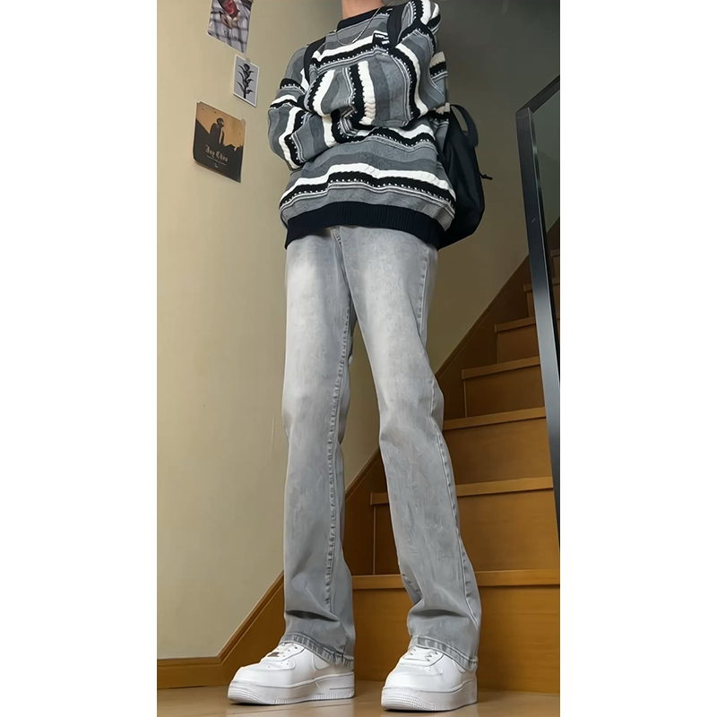 美式cleanfit牛仔裤男秋冬穿搭vibe风弯刀黑色裤子显瘦直筒微喇裤