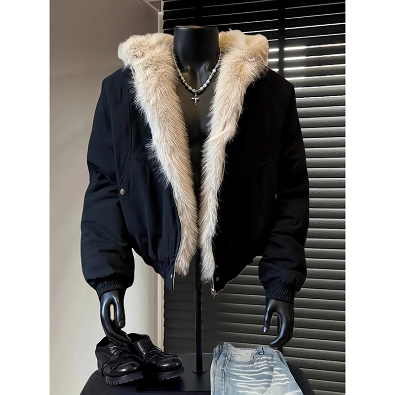 黑色座山雕毛领连帽棉服男款秋冬季美式高街cleanfit保暖棉衣外套