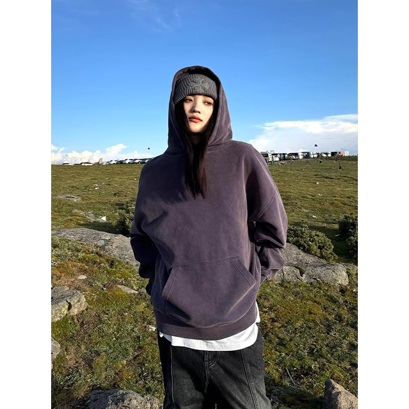 紫色美式复古连帽卫衣男款秋冬季潮牌高级感加绒加厚cleanfit外套