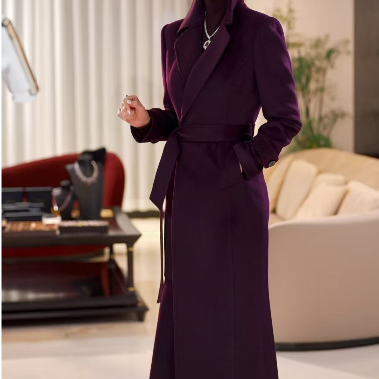 EDFNOT/杨红霞汝意HY23118新款玫红色/黑色/酱紫色羊绒半鱼尾大衣