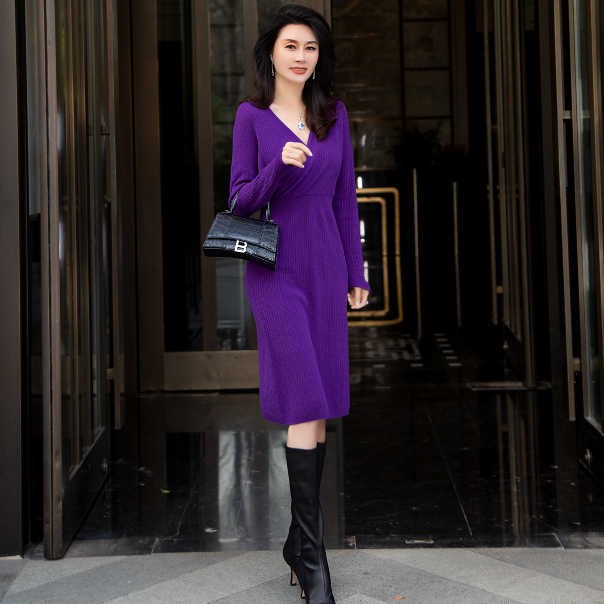 EDFNOT/杨红霞汝意TSYR紫罗兰交叉V领四平抽条连衣裙