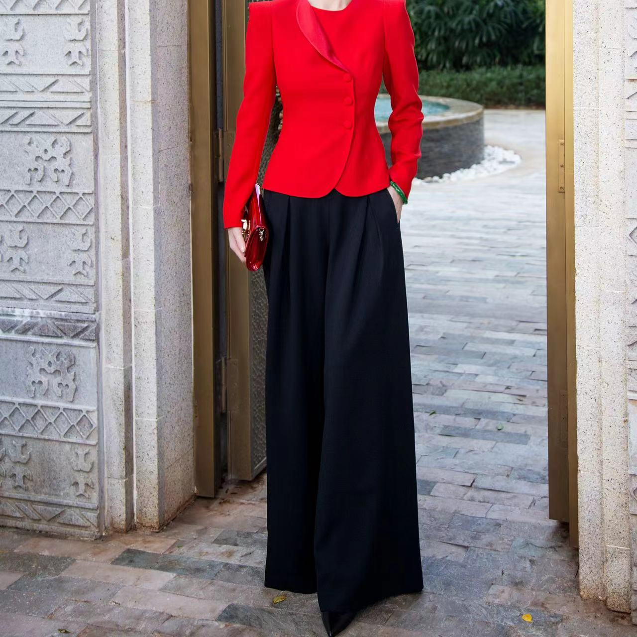 EDFNOT/杨红霞汝意GS黑色醋酸阔腿裤(后边带大V）