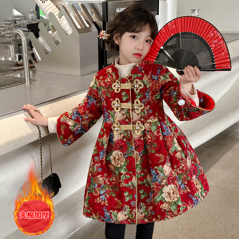 女童夹棉加厚中国风外套女孩洋气旗袍长款冬款拜年服复古冬季唐装
