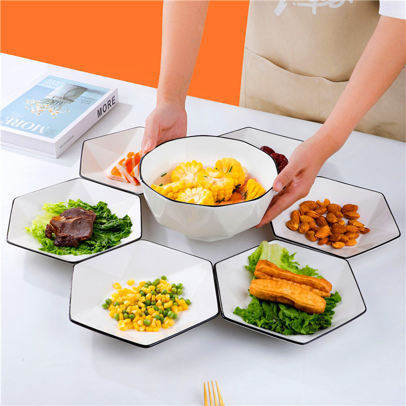 黑线优品六角盘家用8英寸汤碗黑线钻石简约陶瓷碗碟盘组套装