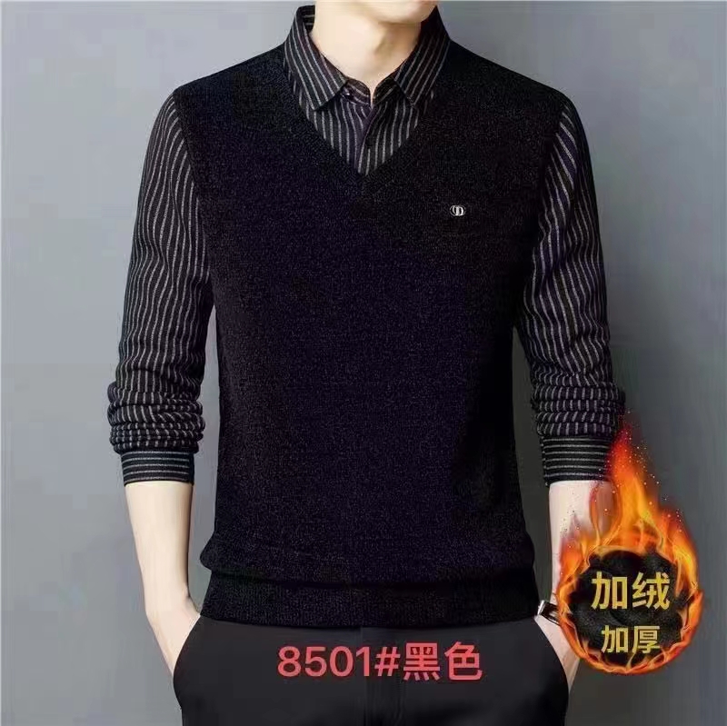 2025男士休闲加绒加厚冬季保暖针织毛衣长袖百搭打底衫黑色假两件