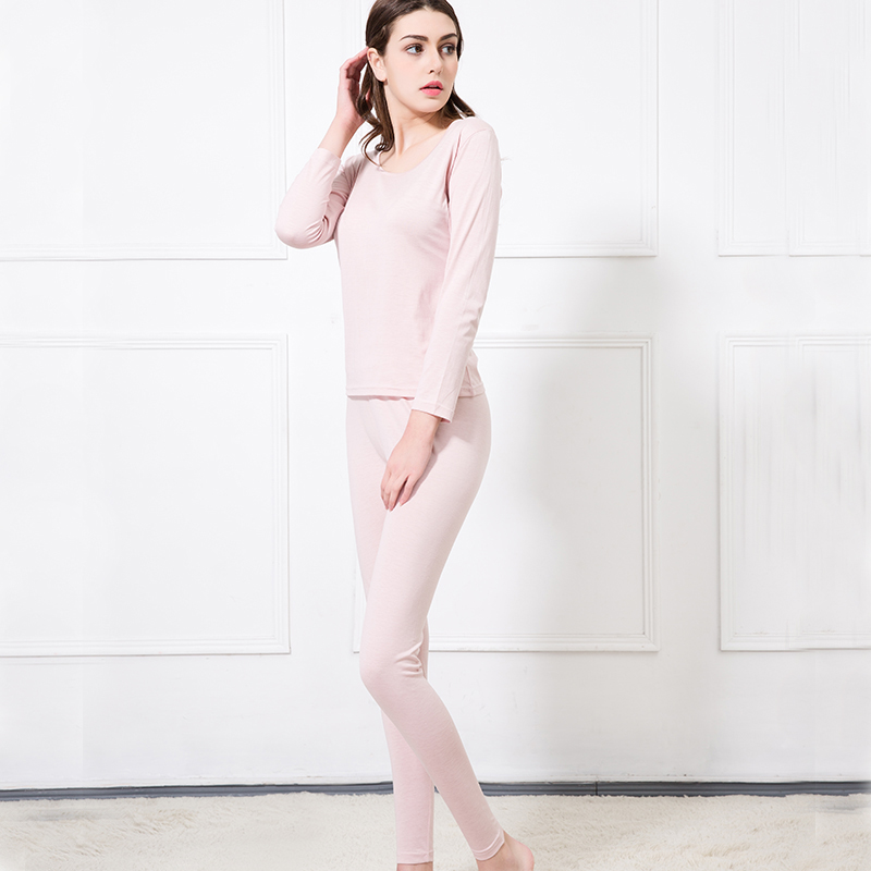真丝秋衣秋裤棉薄款女士保暖内衣圆领纯色桑蚕丝打底棉毛衫女套装